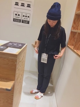 「14+（イチヨンプラス）のアイテム（ニットキャップ/ビーニー）」を使った、14+ イオンSENRITO専門館店 スタッフさん（レディース・156cm）の夏コーディネート
