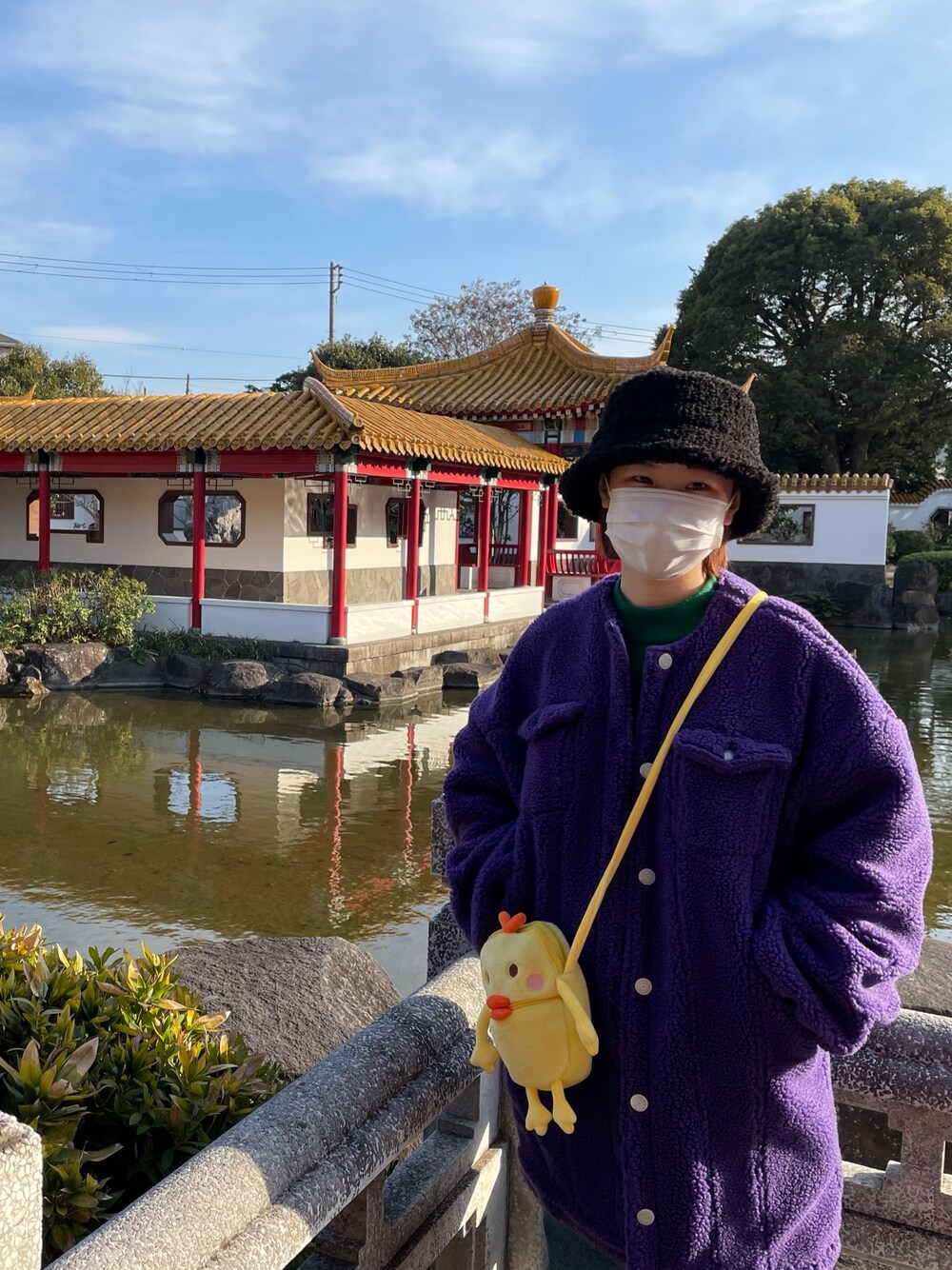「冬コーデ、時差投稿、川崎大師」｜「jouetieのロングボアGジャン（ブルゾン、パープル系）」を使った、xinyiさん（レディース・162cm）の春コーディネートの1枚目の写真