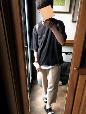 「RAGEBLUE（レイジブルー）のTRトロピカルワイドアンクルパンツ/763624（スラックス、ベージュ系）」を使った、ぽとふ煮る男さん（メンズ・163cm）の夏コーディネート