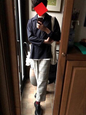 「HARE（ハレ）のグレンチェックトラウザー(HARE)（その他パンツ、ベージュ系）」を使った、ぽとふ煮る男さん（メンズ・163cm）の秋コーディネート