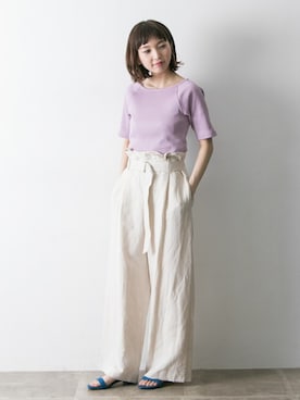 「URBAN RESEARCH（アーバンリサーチ）のレーヨンリネンワイドパンツ（その他パンツ、ホワイト系）」を使った、hanamiさん（レディース・157cm）の春コーディネート