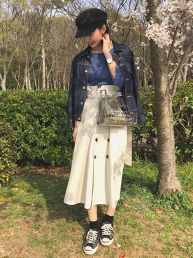 「トレンチ」｜「アイテム（デニムジャケット）」を使った、hanamiさん（レディース・157cm）の春コーディネート