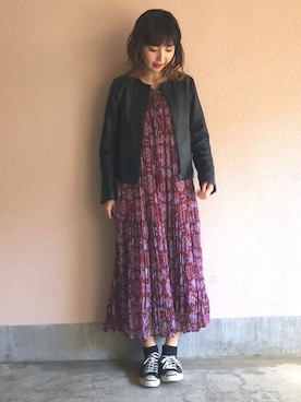 「URBAN RESEARCH（アーバンリサーチ）のne Quittez pas×URBAN RESEARCH 別注プリントシフォンワンピース（ワンピース/ドレス、レッド系）」を使った、hanamiさん（レディース・157cm）の春コーディネート