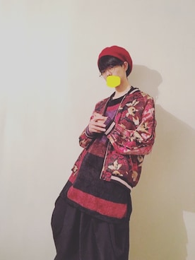「赤コーデ」｜「アイテム（その他アウター）」を使った、まおさん（メンズ・168cm）の冬コーディネート