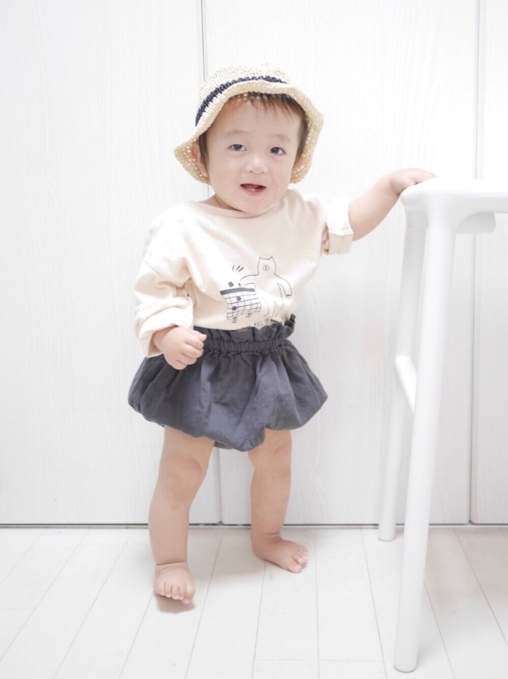 「男の子コーデ、ベビーコーデ、かぼちゃパンツ、０歳、生後11ヶ月」｜「韓国子供服のアイテム（Tシャツ/カットソー、ホワイト系）」を使った、Ｋ×Ｓ˙ᵕ˙♡さん（キッズ・90cm）の春コーディネートの1枚目の写真