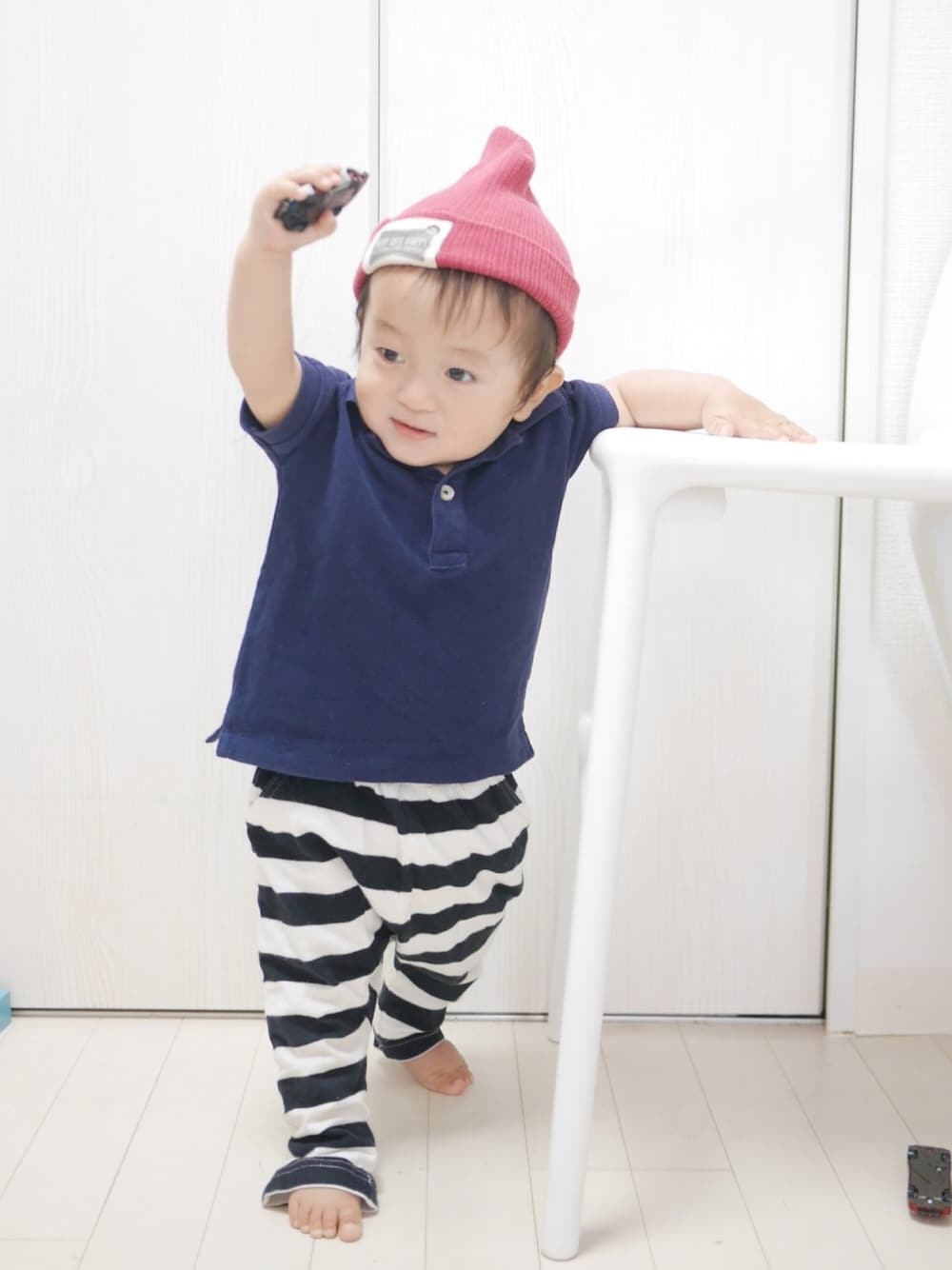 「ポロシャツ、ニット帽、０歳、生後11ヶ月、おとこのこ、ボーダー、ベビーコーデ」｜「ZARA KIDSのアイテム（ポロシャツ、ブルー系）」を使った、Ｋ×Ｓ˙ᵕ˙♡さん（キッズ・90cm）の春コーディネートの1枚目の写真