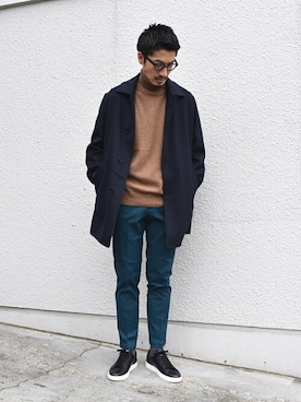 「アイテム（ステンカラーコート、ブルー系）」を使った、狩野さん（メンズ・177cm）の冬コーディネート