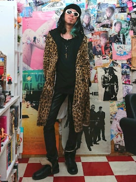 「ヒョウ柄コート」｜みーやさん（メンズ・181cm）の冬コーディネート