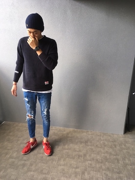 「Champion（チャンピオン）のアイテム（ニット/セーター）」を使った、DAICHIさん（メンズ・175cm）の冬コーディネート