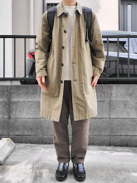 「MHL.」｜「アイテム（ステンカラーコート）」を使った、takahiroさん（メンズ・163cm）の春コーディネート
