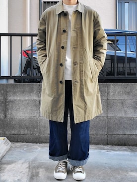 「MHL.」｜「アイテム（ステンカラーコート）」を使った、takahiroさん（メンズ・163cm）の春コーディネート