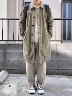 「MHL.」｜「アイテム（ステンカラーコート）」を使った、takahiroさん（メンズ・163cm）の春コーディネート