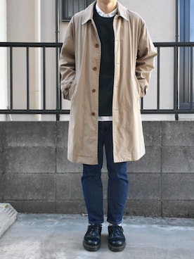 「MHL.（エムエイチエル）のアイテム（ステンカラーコート）」を使った、takahiroさん（メンズ・163cm）の冬コーディネート