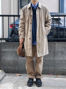 「MHL.（エムエイチエル）のアイテム（ステンカラーコート）」を使った、takahiroさん（メンズ・163cm）の冬コーディネート