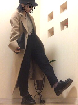 「OZOC（オゾック）のアイテム（チェスターコート）」を使った、MIYUさん（レディース・155cm）の冬コーディネート