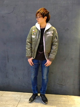 「アイテム（MA-1）」を使った、kazuさん（メンズ・180cm）の冬コーディネート