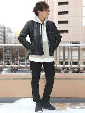 「スタッフセンバツ」｜「アイテム（ライダースジャケット）」を使った、kazuさん（メンズ・180cm）の冬コーディネート