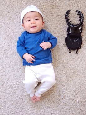 「PETIT BATEAU（プチバトー）のアイテム（キャップ）」を使った、○たろ○さん（キッズ・60cm）の冬コーディネート