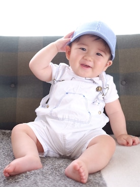 「PETIT BATEAU（プチバトー）のアイテム（キャップ）」を使った、○たろ○さん（キッズ・70cm）の夏コーディネート