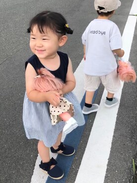 「無印良品（ムジルシリョウヒン）のアイテム（ワンピース/ドレス）」を使った、りこたんさん（キッズ・80cm）の夏コーディネート