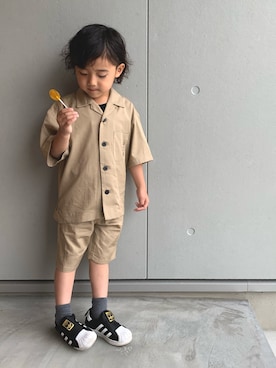 「GU（ジーユー）のアイテム（セットアップ）」を使った、teppeiiiさん（キッズ・110cm）の春コーディネート