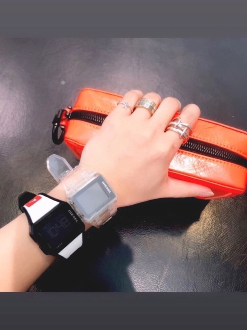 「春カラー、PVC、ラバーバンド、時計、今日のコーデ、カジュアル、メンズライク、いいね、save、フォローお願いします🤑、リング、レイヤードスタイル」｜「DIESELのメンズ リング 指輪（リング、その他）」を使った、yuuuuiさん（レディース・156cm）の春コーディネートの1枚目の写真