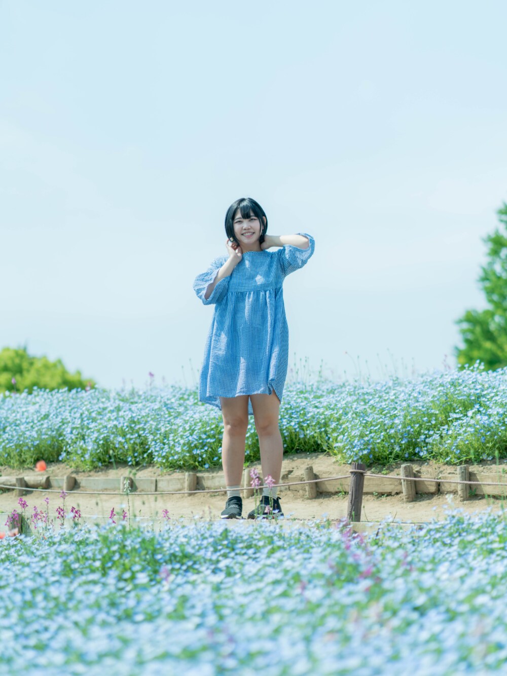 「summer、spring、Japan、blue、nemophila、ネモフィラ、立川」｜「Thriftedのアイテム（ワンピース、ブルー系）」を使った、トリーナさん（レディース・152cm）の春コーディネートの1枚目の写真