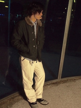 「no brand（ノーブランド）のアイテム（ジャケット/アウター、ブラック系）」を使った、あおいさん（メンズ）の冬コーディネート