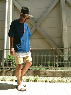 「膝上ショーツ」｜「アイテム（帽子）」を使った、T.さん（メンズ・176cm）の夏コーディネート