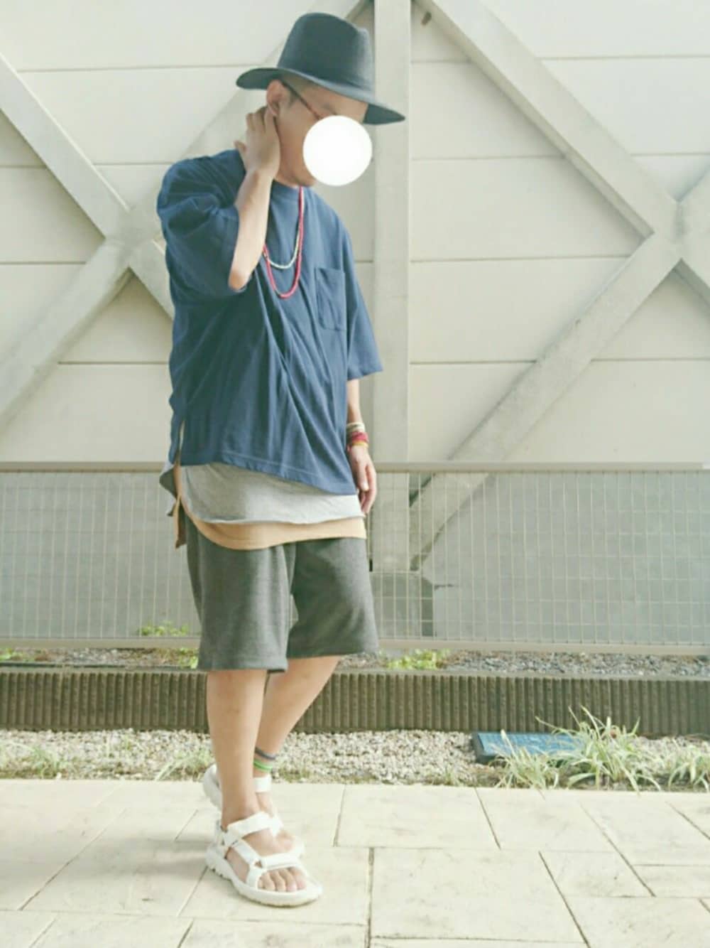 「レイヤードスタイル、ビッグシルエット、ビッグT、ロング丈、麦わら帽子、夏コーデ、サンダル、ハーフパンツ、Doシンプル部、ゆるコーデ」｜「BEAUTY&YOUTH UNITED ARROWSの【WEB限定】 by スーパービッグ Tシャツ（Tシャツ/カットソー、ブルー系）」を使った、T.さん（メンズ・177cm）の夏コーディネートの1枚目の写真