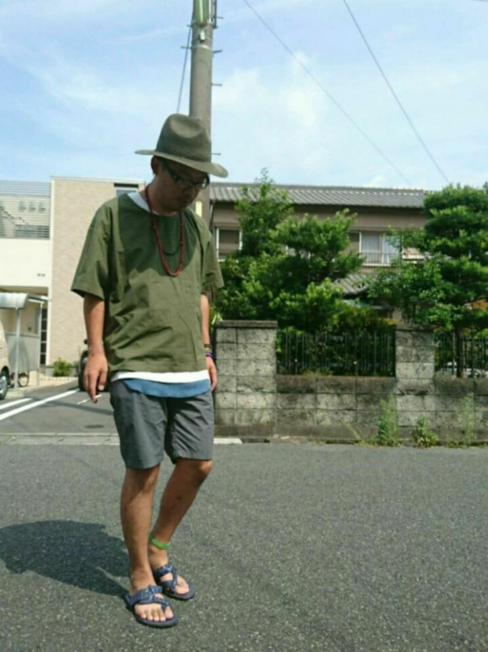 「プルオーバー、レイヤードスタイル、ロング丈、麦わら帽子、Doシンプル部、サンダル、夏、ツバ広ハット、ハーフパンツ」｜「AMERICAN RAG CIEのΠAMERICAN RAG CIE ワイドブリムペーパーハット / 104-ARK-LB-169-01001（ハット、グリーン系）」を使った、T.さん（メンズ・176cm）の夏コーディネートの1枚目の写真
