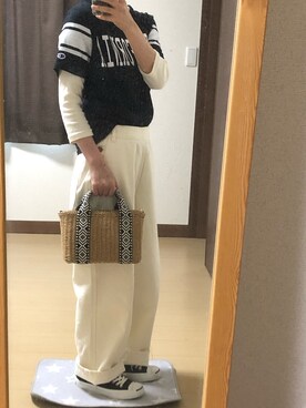 「GLOBAL WORK（グローバルワーク）のアイテム（かごバッグ）」を使った、かめさん（レディース・155cm）の春コーディネート