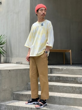 「アイテム（ハット、ピンク系）」を使った、yamaguchiさん（メンズ・175cm）の夏コーディネート