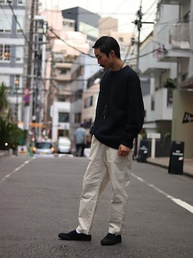 「crepuscule（クレプスキュール）の◆【CREPUSCULE / クレプスキュール】417 別注 カノコ クルーネック（ニット/セーター、ブルー系）」を使った、yamaguchiさん（メンズ・175cm）の秋コーディネート