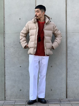 「アイテム（ダウンジャケット/コート、ベージュ系）」を使った、yamaguchiさん（メンズ・175cm）の冬コーディネート