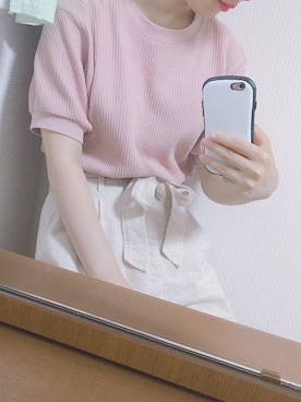 「UNIQLO（ユニクロ）のベルテッドリネンコットンワイドパンツ（丈長め73cm）+EC（その他パンツ、ベージュ系）」を使った、ふむさん（レディース・153cm）の夏コーディネート