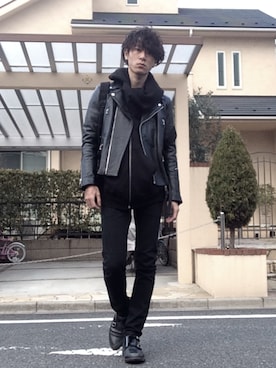 「RICK OWENS」｜「アイテム（ライダースジャケット）」を使った、はたCさん（メンズ・177cm）の冬コーディネート