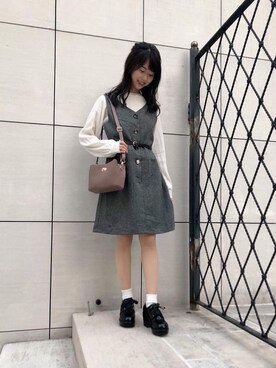 「新作」｜「アイテム（ジャンパースカート）」を使った、マジェスティックレゴンラフォーレ原宿店スタッフさん（レディース・154cm）の秋コーディネート