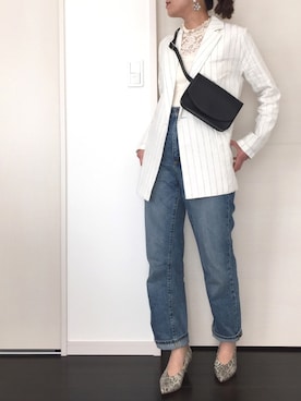 「ハイウエストストレートジーンズ」｜「アイテム（その他アウター）」を使った、Riiisaさん（レディース・158cm）の春コーディネート