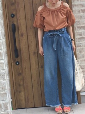「オープンショルダー」｜「アイテム（帽子）」を使った、Riiisaさん（レディース・158cm）の夏コーディネート