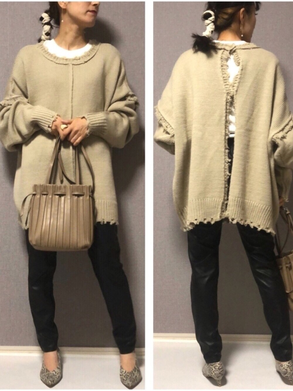 ブラック系のその他パンツ、ベージュ系のバッグ、その他のパンプスを着用したレディースの秋コーディネートの1枚目の写真