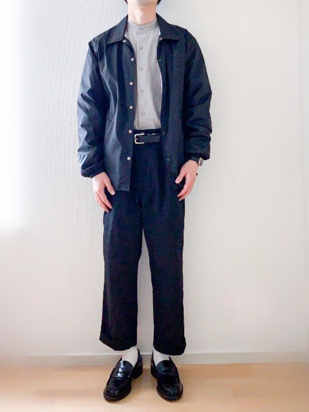 「コーチジャケット、コムデギャルソン、ローファー、モノトーン、ベンデイビス、コロナに負けない、おしゃれさんと繋がりたい」｜「HARUTAのHARUTA　ハルタ　人工ローファー2E　4514（ローファー、ブラック系）」を使った、peikunさん（メンズ・169cm）の春コーディネートの1枚目の写真