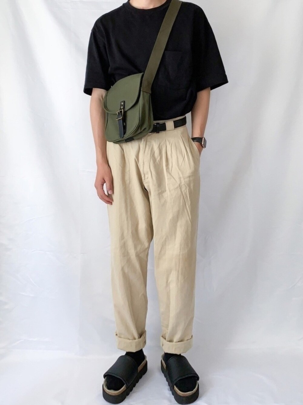 「おしゃれさんと繋がりたい、部屋どり、ヘヤドリスト、いいね、save、フォローお願いします🤑、プチプラ、夏コーデ、ゆるコーデ、古着MIX、タックインコーデ、エンダースキーマ」｜「古着のアイテム（ショルダーバッグ、グリーン系）」を使った、peikunさん（メンズ・169cm）の秋コーディネートの1枚目の写真