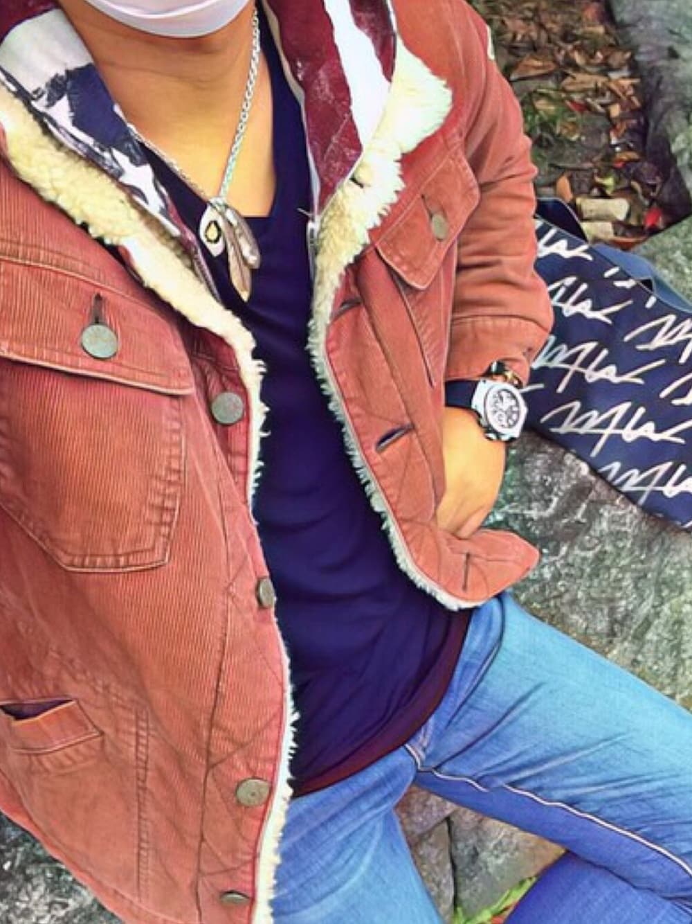 「今日のコーデ、木村拓哉、キムタク、ボアランチジャケット、お洒落さんとつながりたい、おしゃれさんと繋がりたい、TMT、ティーエムティー」｜「TMTのアイテム（その他アウター、ブラウン系）」を使った、怠惰ですけれども®︎さん（メンズ・170cm）の秋コーディネートの1枚目の写真