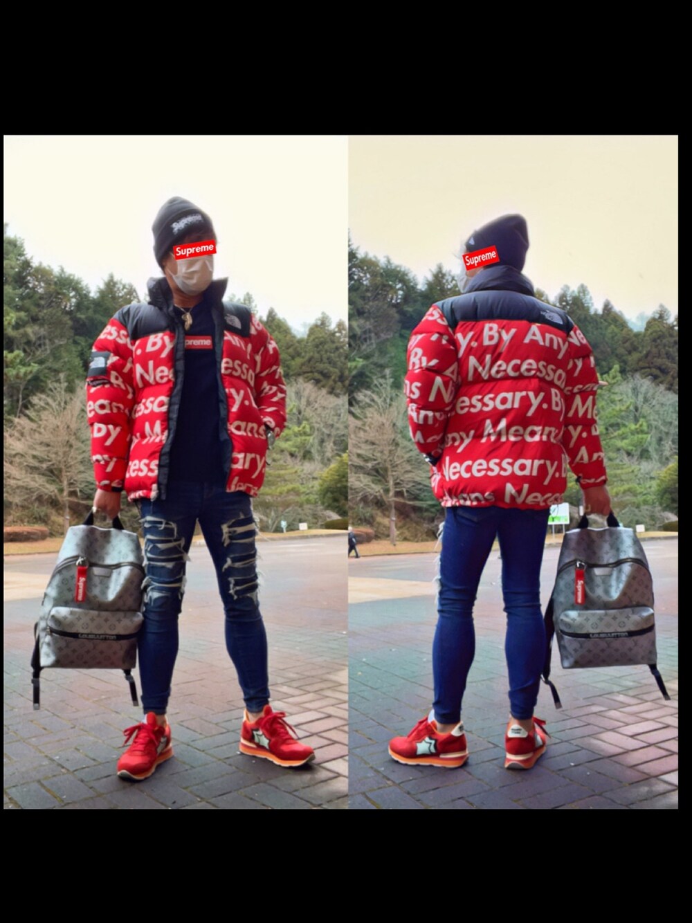 「今日のコーデ、お洒落さんとつながりたい、おしゃれさんと繋がりたい、ノースフェイス、northface、nuptse、ヌプシ、シュプリーム、supreme、LouisVuitton」｜「Supreme のアイテム（ニットキャップ/ビーニー、ブラック系）」を使った、怠惰ですけれども®︎さん（メンズ・170cm）の冬コーディネートの1枚目の写真