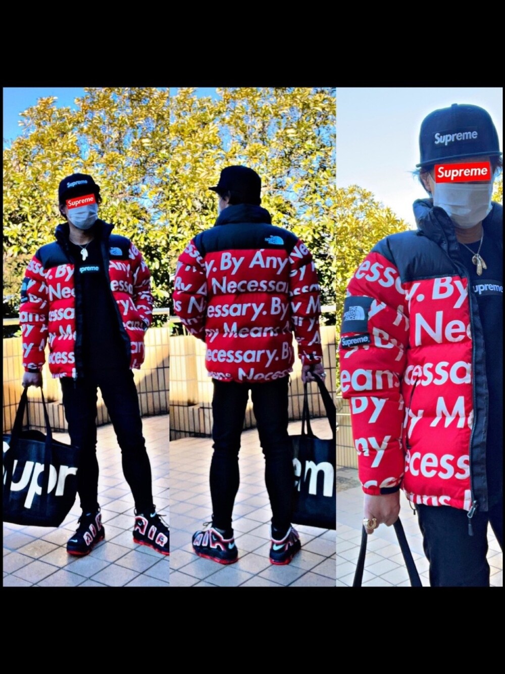 レッド系のダウンジャケット/コート、レッド系のダウンジャケット/コート、ブラック系のトートバッグを着用したメンズの冬コーディネートの1枚目の写真