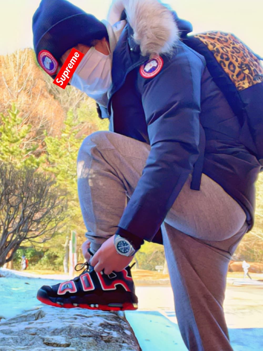 「Hysteric Glamour、CANADA GOOSE、AIR MORE UPTEMPO、ヒステリックグラマー、モアテン、カナダグース、今日のコーデ、お洒落さんとつながりたい、おしゃれさんと繋がりたい、冬コーデ」｜「CANADA GOOSEのアイテム（ニットキャップ/ビーニー、ブラック系）」を使った、怠惰ですけれども®︎さん（メンズ・170cm）の冬コーディネートの1枚目の写真