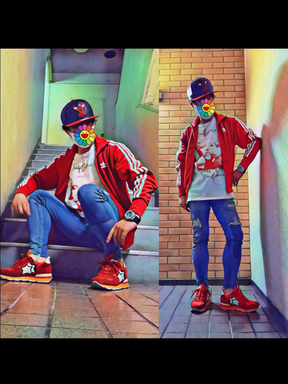 「adidas originals、adidas、supreme、アディダスオリジナルス、アディダス、kicks、お洒落さんとつながりたい、スニーカー好きと繋がりたい、今日のコーデ、NEW ERA」｜「adidas Originalsのアイテム（ジャージ、レッド系）」を使った、怠惰ですけれども®︎さん（メンズ・170cm）の春コーディネートの1枚目の写真