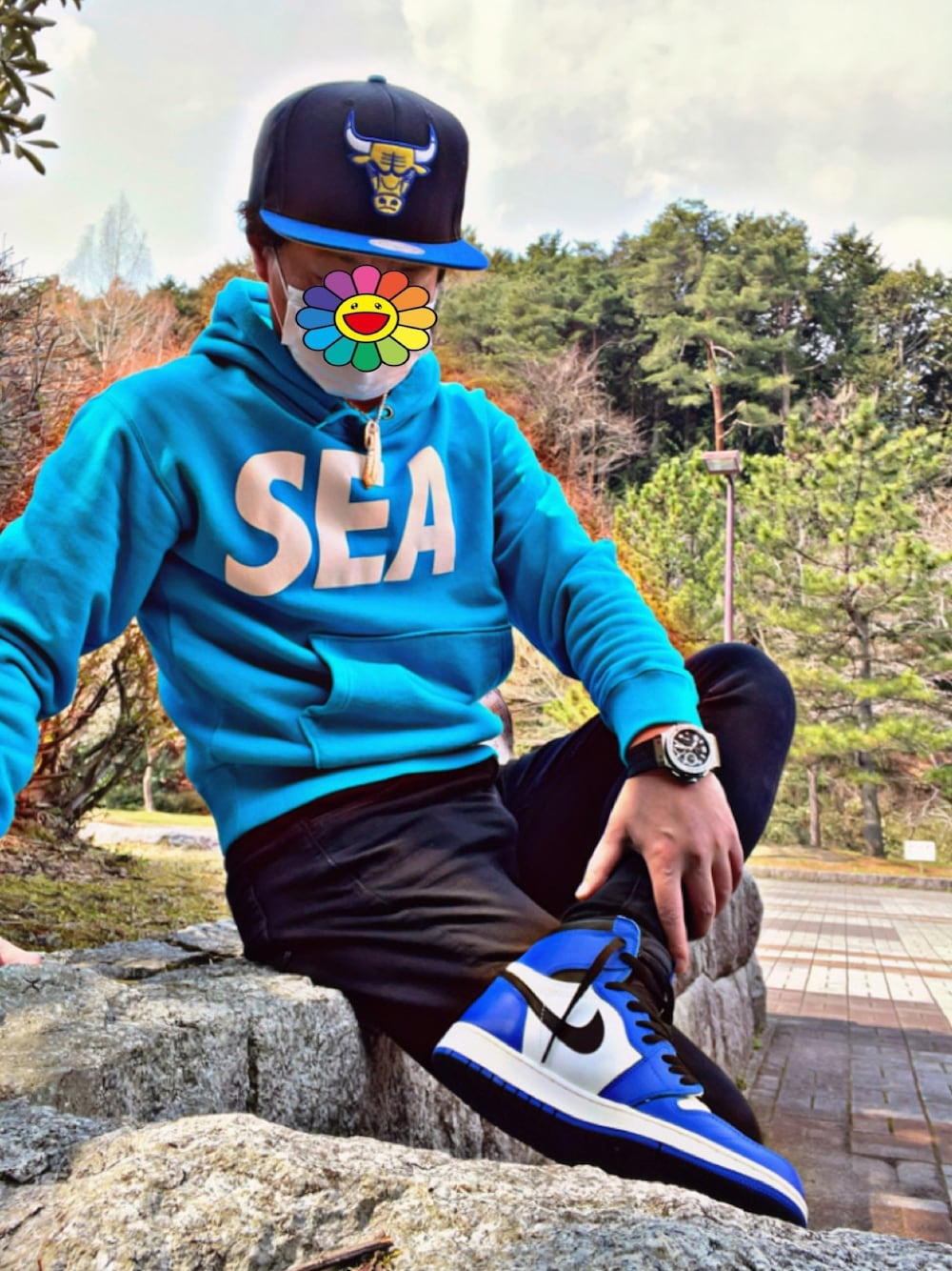 「aj1、air jordan 1、AJ1gameroyal、air jordan1 game royal、kicks、AJ1OG、スニーカー好きと繋がりたい、お洒落さんとつながりたい、今日のコーデ、シカゴブルズ」｜「NEW ERAのアイテム（キャップ、ブルー系）」を使った、怠惰ですけれども®︎さん（メンズ・170cm）の春コーディネートの1枚目の写真
