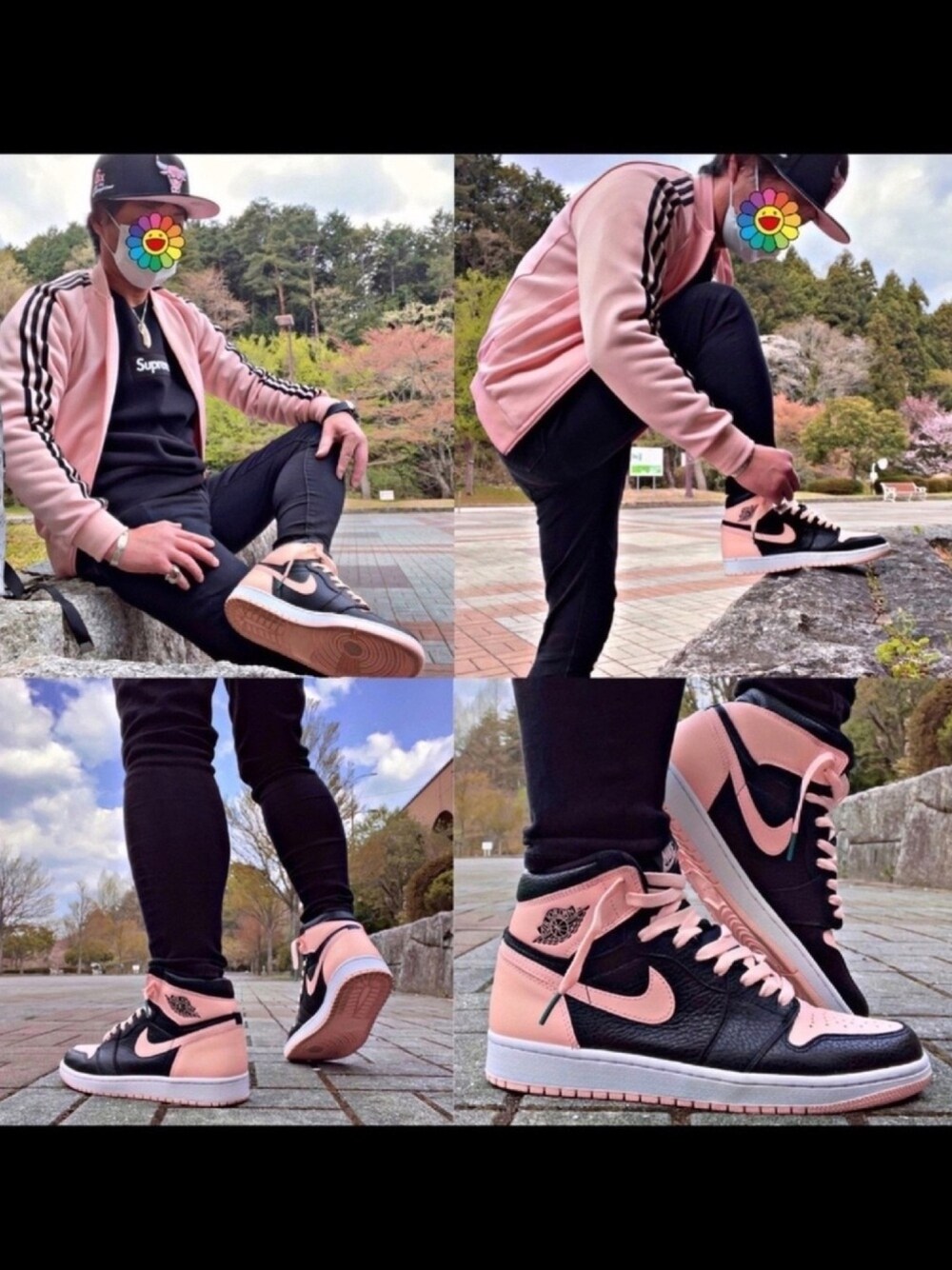 「adidas originals、supreme、NIKE、aj1、Jordan、AIR JORDAN、aj1 crimson tint、スニーカー好きと繋がりたい、お洒落さんとつながりたい、今日のコーデ」｜「NEW ERAのアイテム（キャップ、ブラック系）」を使った、怠惰ですけれども®︎さん（メンズ・170cm）の春コーディネートの1枚目の写真